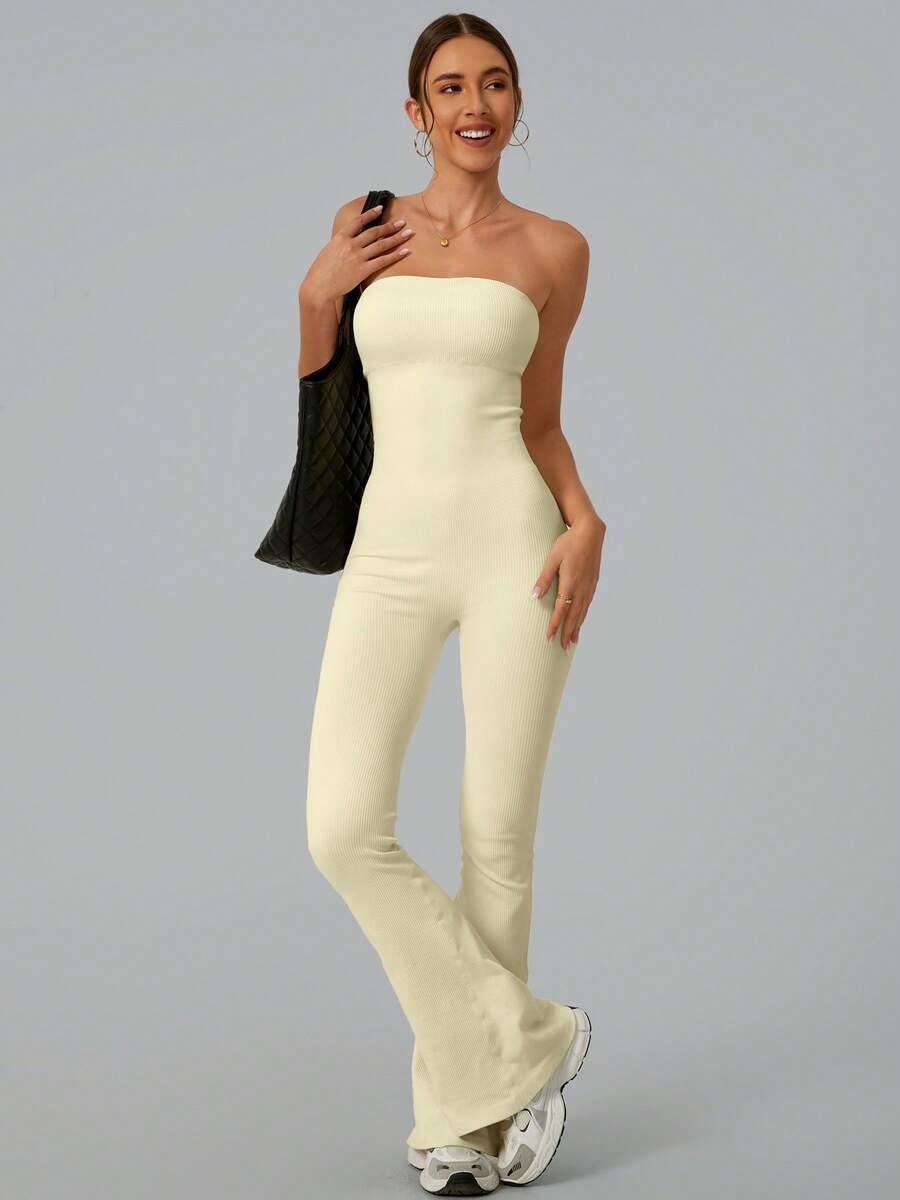 Yoga Fitness Jumpsuit - Solid Color Seamless Tube Top Bodysuit