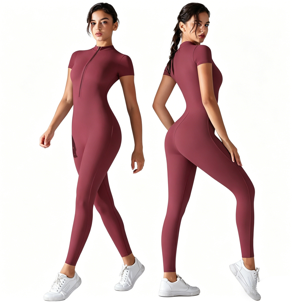 Yoga Fitness Jumpsuit - Women's Zip Front Short Sleeve Yoga