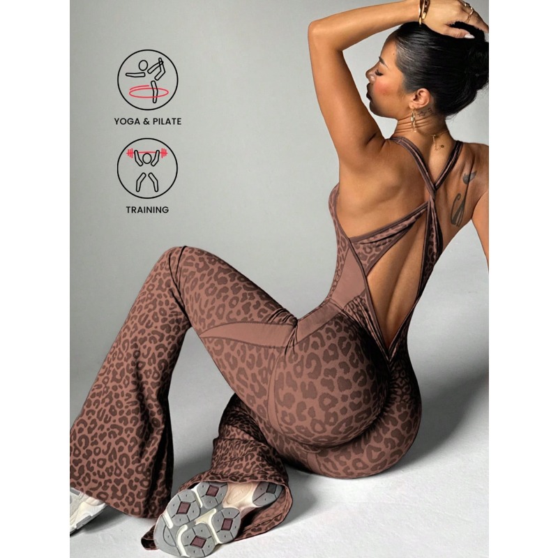 Women Leopard Print Cross Back - Yoga Fitness Jumpsuit のレビューと価格