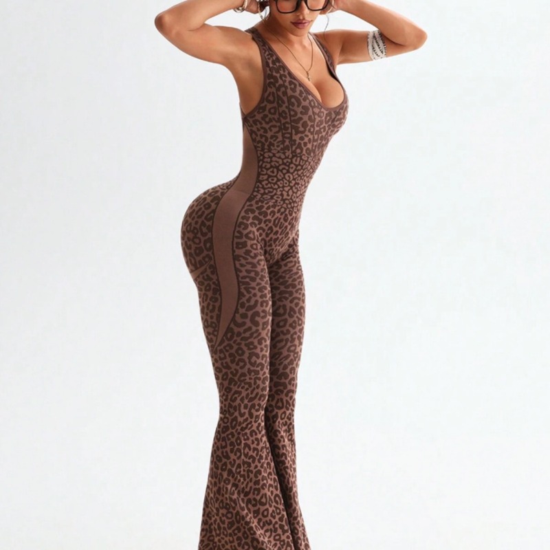 Women Leopard Print Cross Back - Yoga Fitness Jumpsuit のレビューと価格
